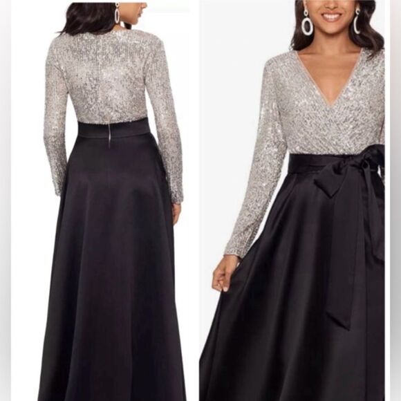 Xscape 3352X Long Sleeve Sequin Ballgown in Black and Silver Size 8 $278 - Picture 1 of 10